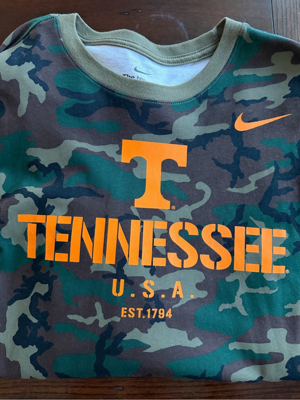 Nike Camo Crewneck with Bright Orange Tennessee 'T' long sleeve tshirt